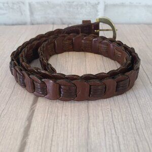Vintage Chain Braid Leather Belt Solid Brass Buckle Mens XL